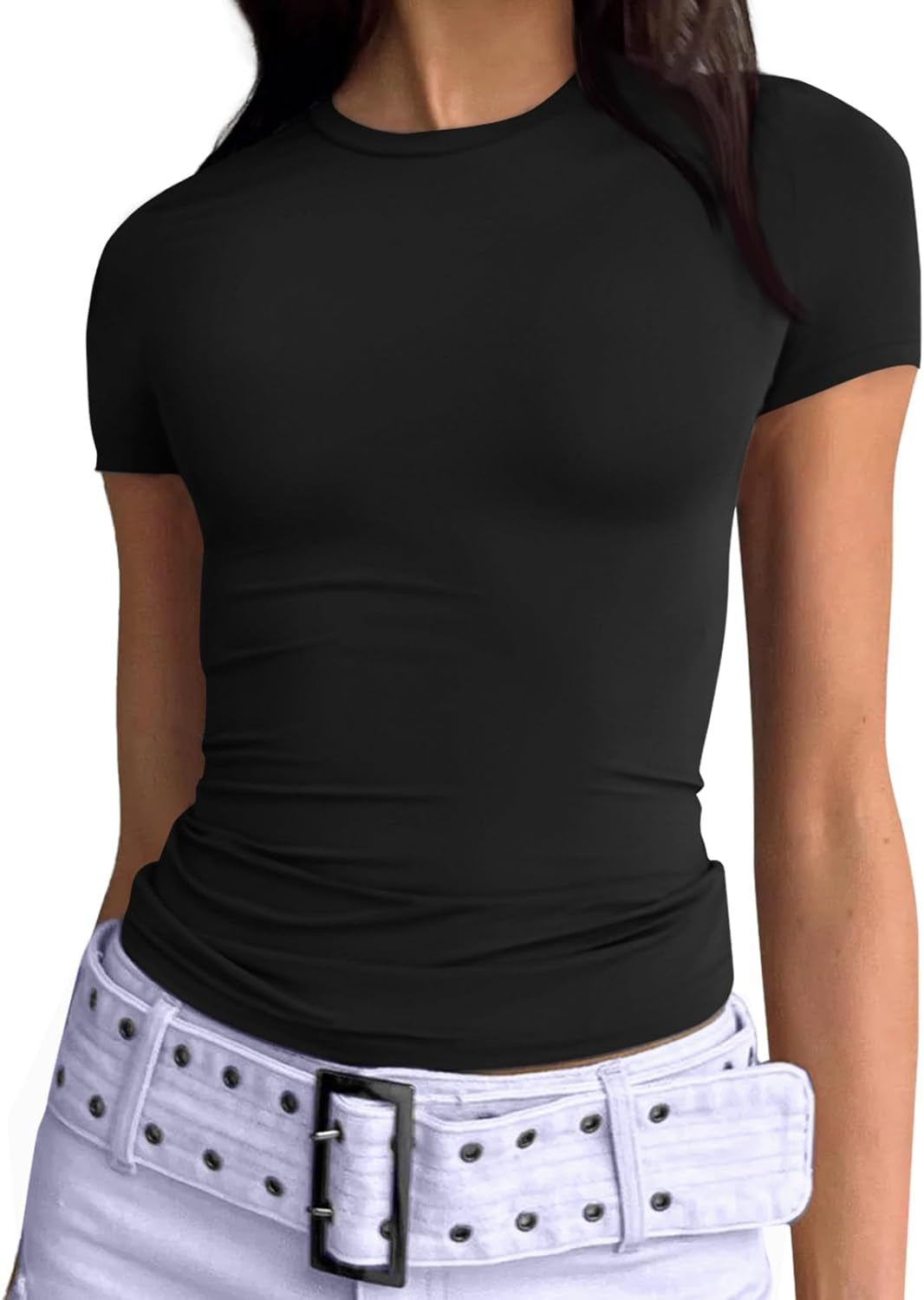 Womens Basic T Shirts Summer 2025 Scoop Neck Short Sleeve Crop Tops Slim Fit Tees Y2K Clothing