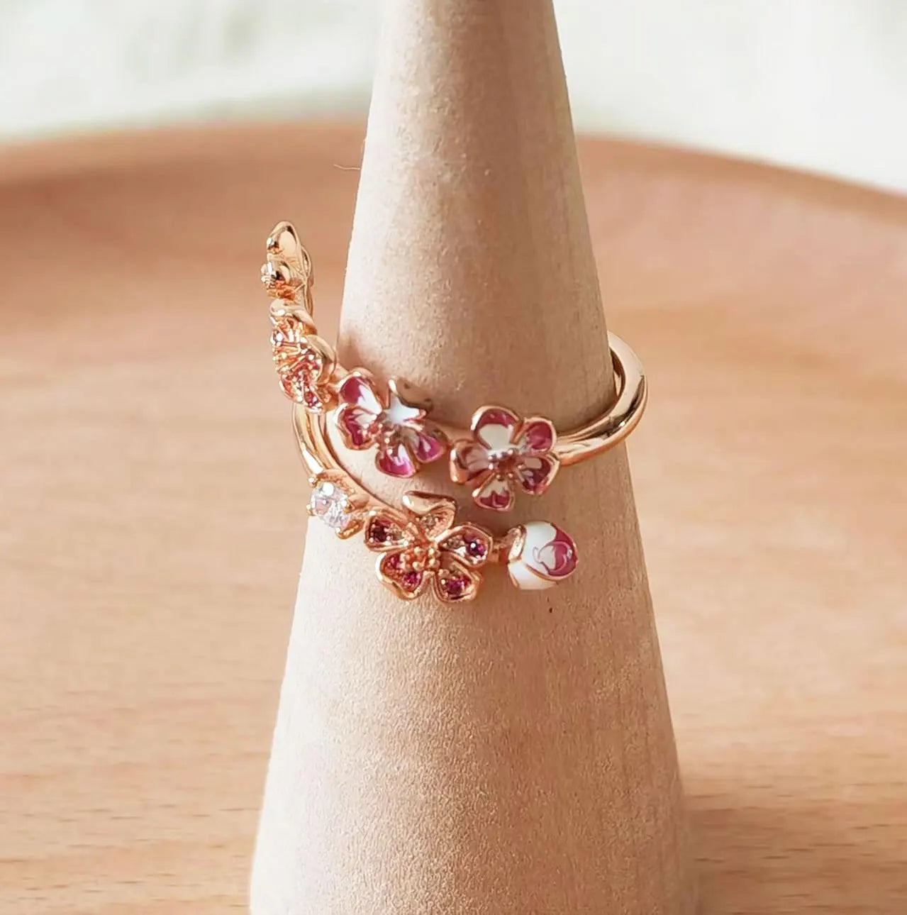 Peach Blossom Ring,14K Rose Gold Plated Ring,Delicate Pink Flowers Ring,Handmade Peach Flower Ring with Clear Cubic Zirconia Stone