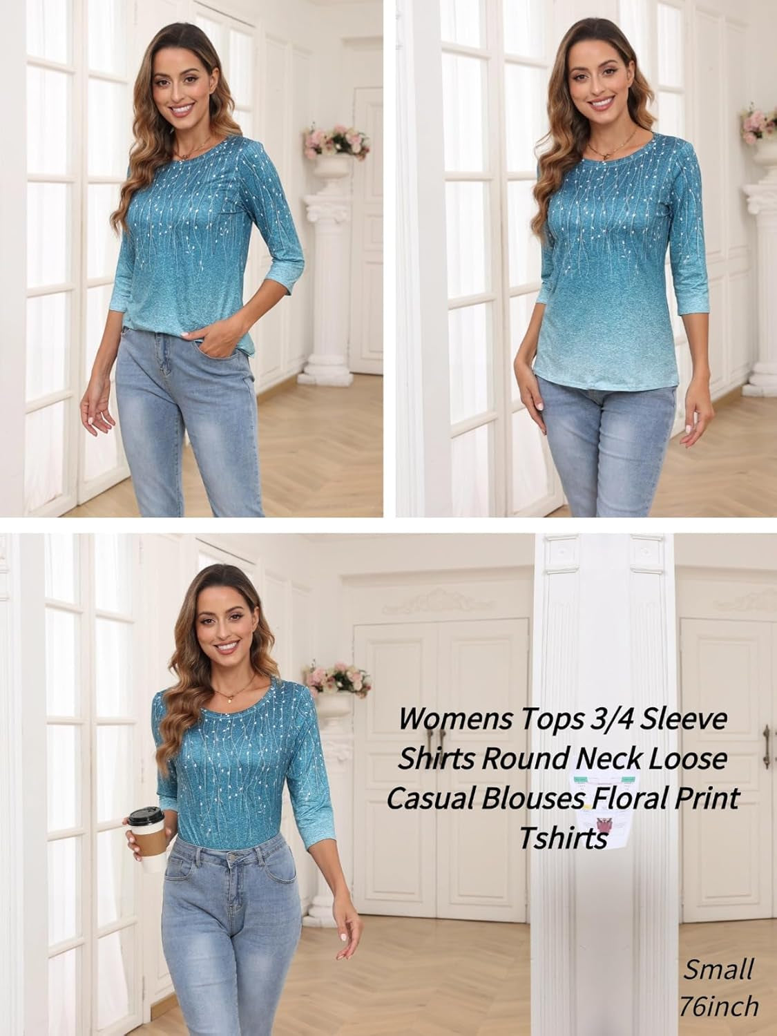 Women'S Casual 3/4 Sleeve T-Shirts round Neck Cute Tunic Tops Basic Tees Blouses Business Work Tee Top