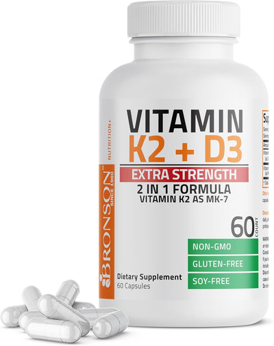 Vitamin K2 (MK7) with D3 Extra Strength Supplement Bone Health Non-Gmo Formula 10,000 IU & 120 Mcg MK-7 Easy to Swallow D K, 60 Capsules