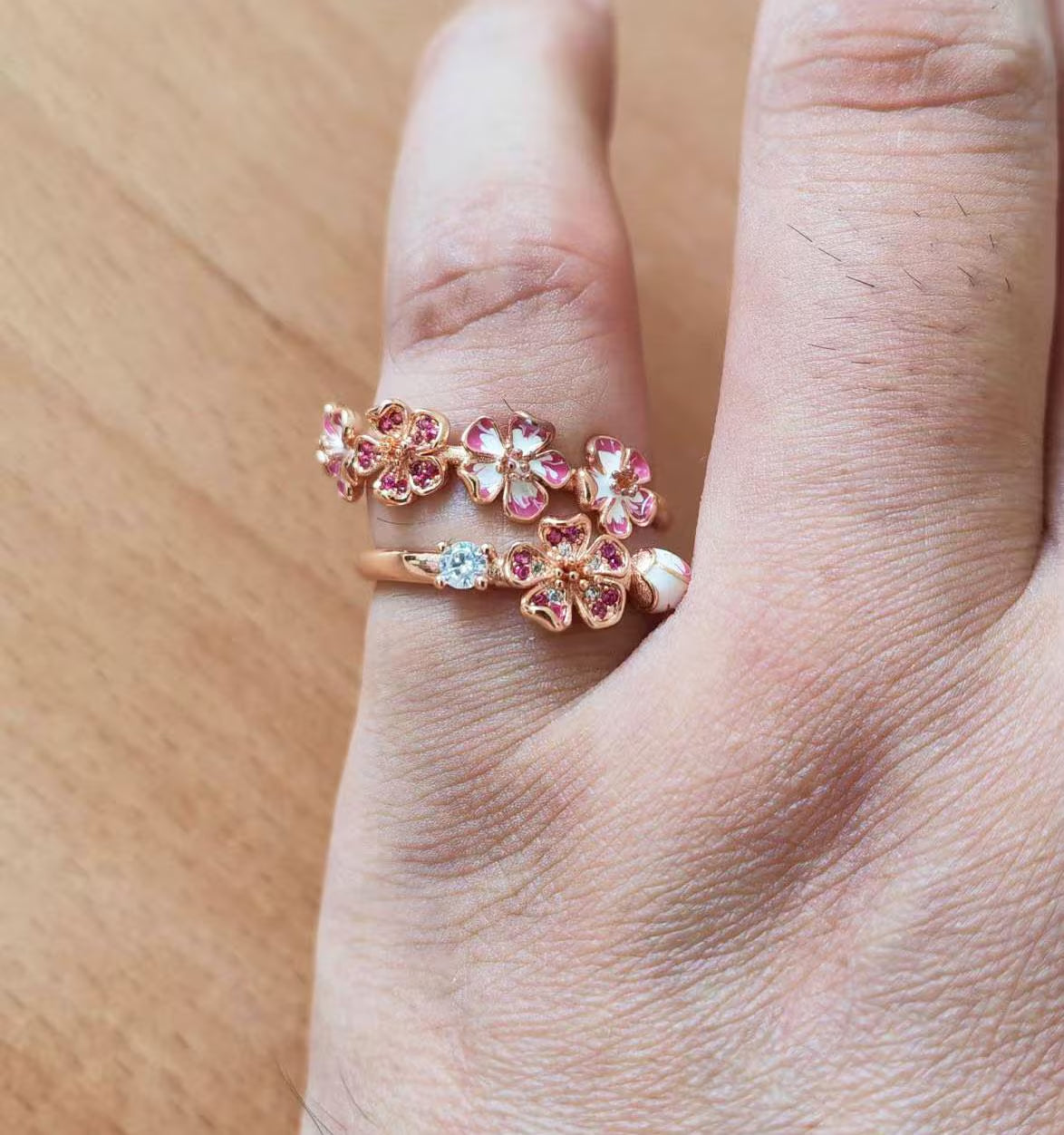 Peach Blossom Ring,14K Rose Gold Plated Ring,Delicate Pink Flowers Ring,Handmade Peach Flower Ring with Clear Cubic Zirconia Stone