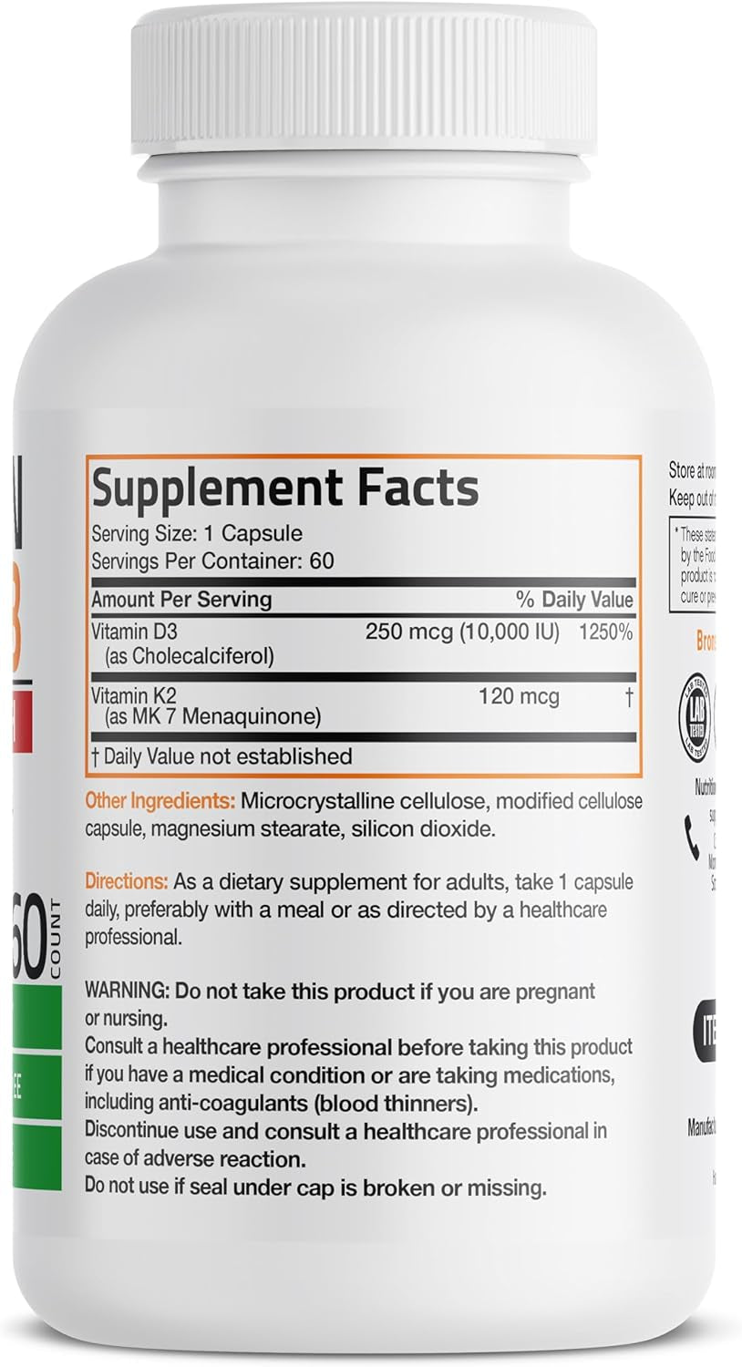 Vitamin K2 (MK7) with D3 Extra Strength Supplement Bone Health Non-Gmo Formula 10,000 IU & 120 Mcg MK-7 Easy to Swallow D K, 60 Capsules