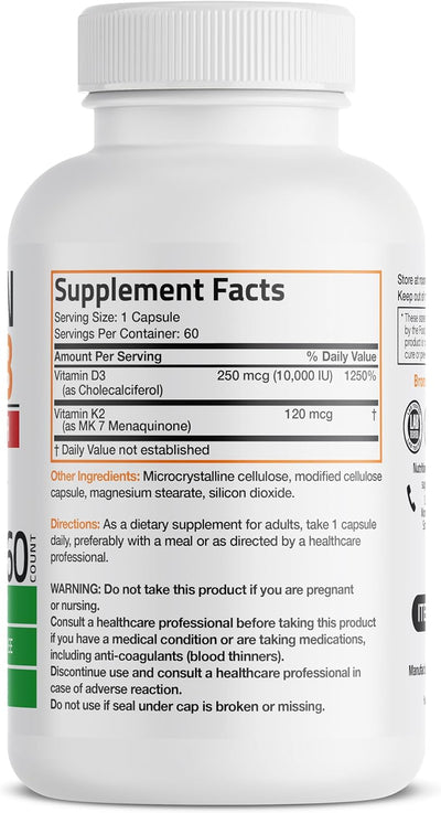 Vitamin K2 (MK7) with D3 Extra Strength Supplement Bone Health Non-Gmo Formula 10,000 IU & 120 Mcg MK-7 Easy to Swallow D K, 60 Capsules