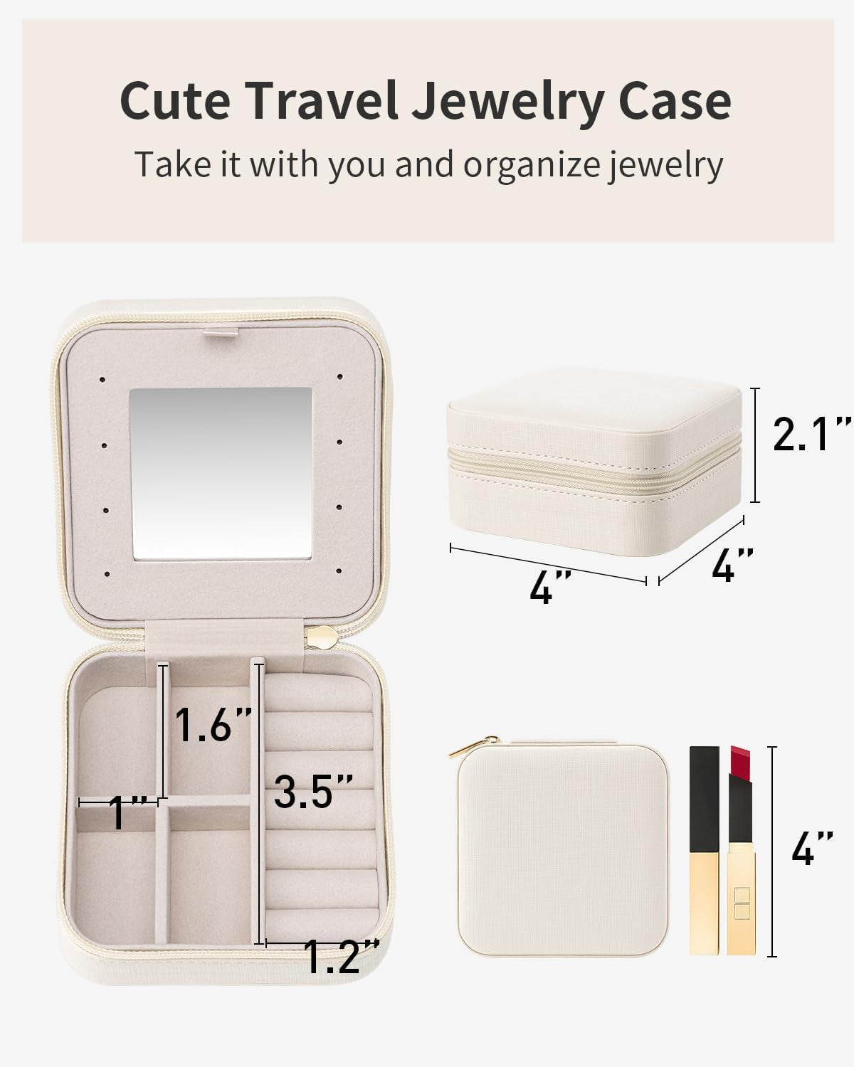 Small Travel Jewelry Box Organizer - Display Case for Girls Women Gift Rings Earrings Necklaces Storage with Mirror Milky White