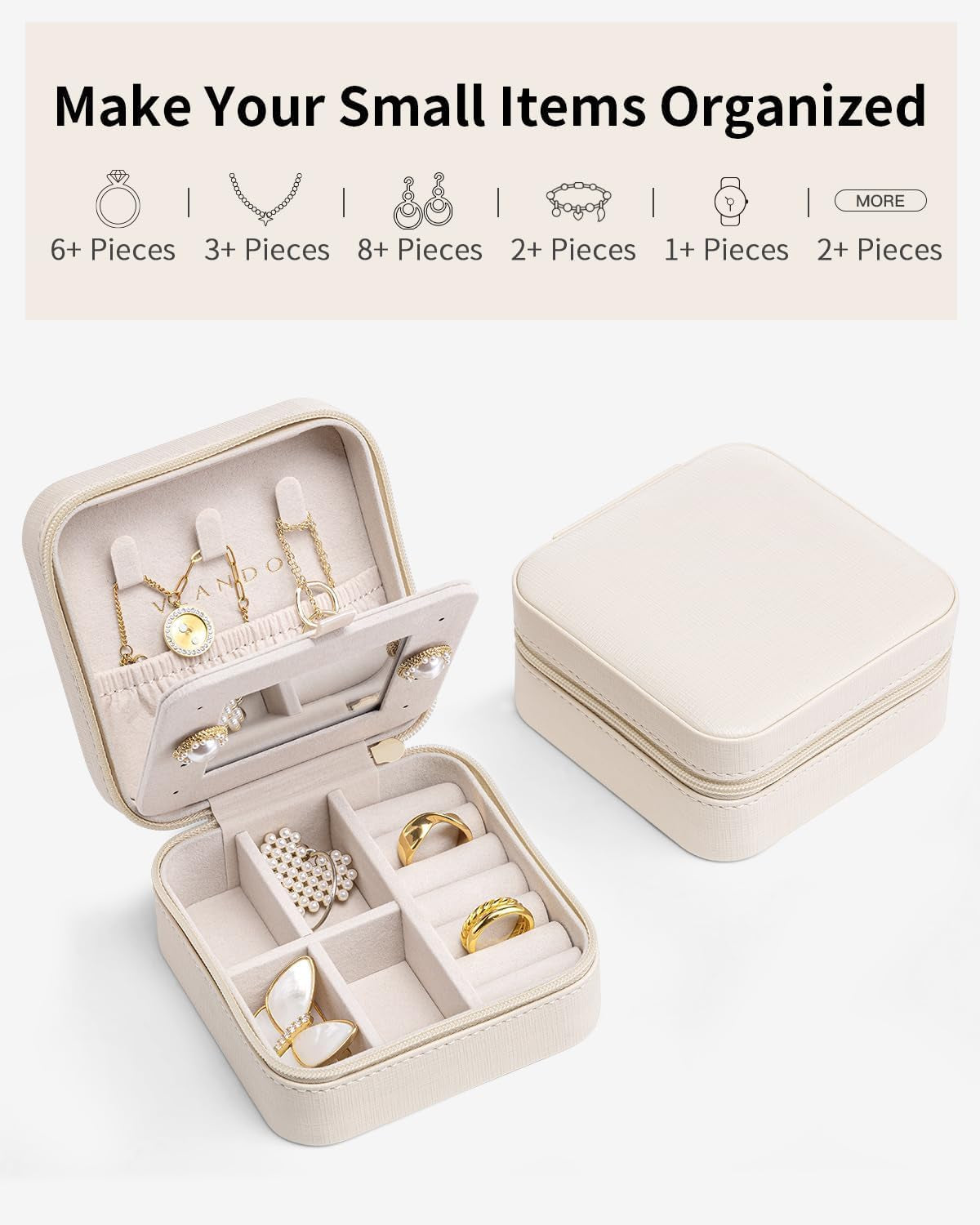 Small Travel Jewelry Box Organizer - Display Case for Girls Women Gift Rings Earrings Necklaces Storage with Mirror Milky White