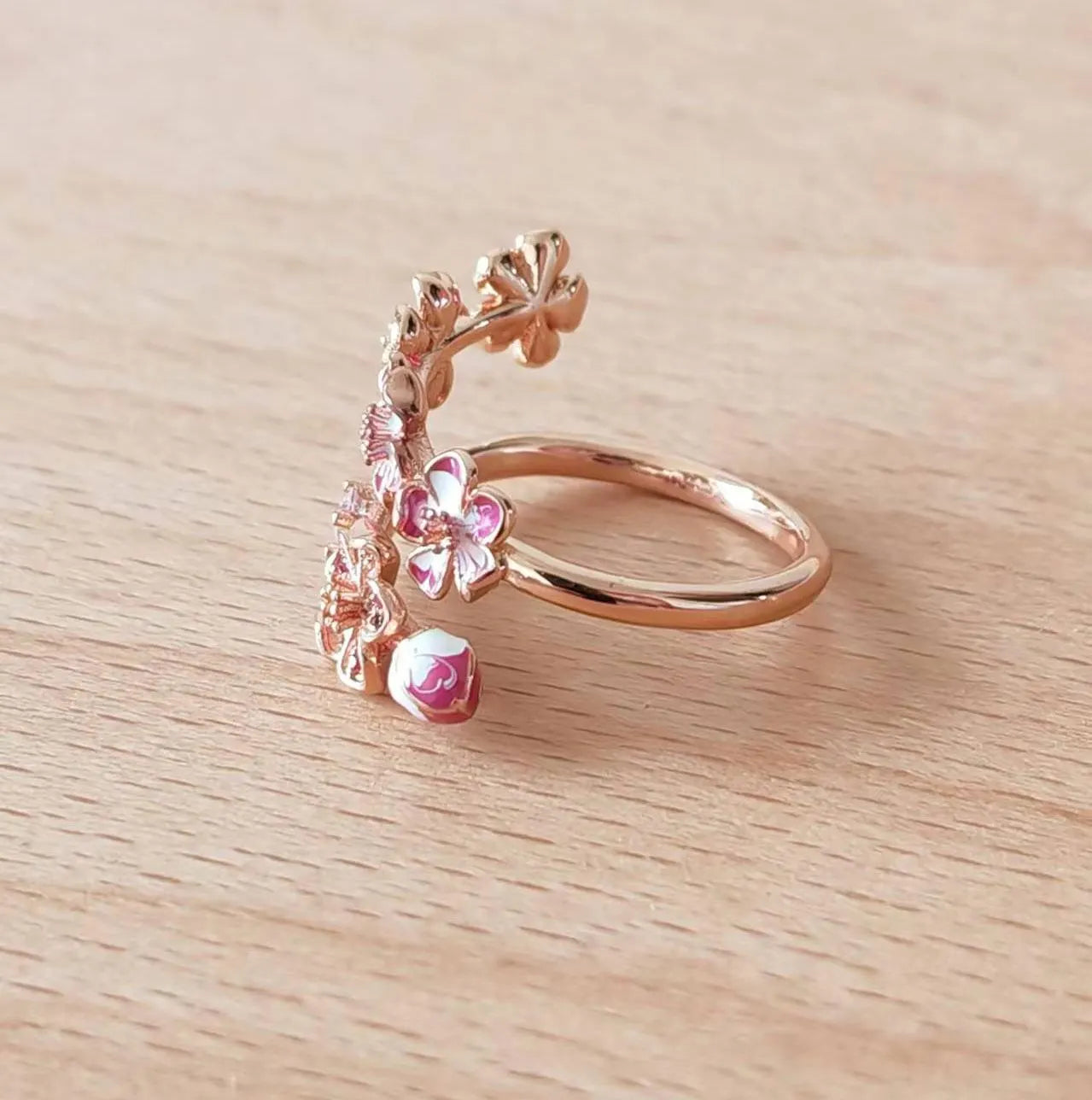 Peach Blossom Ring,14K Rose Gold Plated Ring,Delicate Pink Flowers Ring,Handmade Peach Flower Ring with Clear Cubic Zirconia Stone