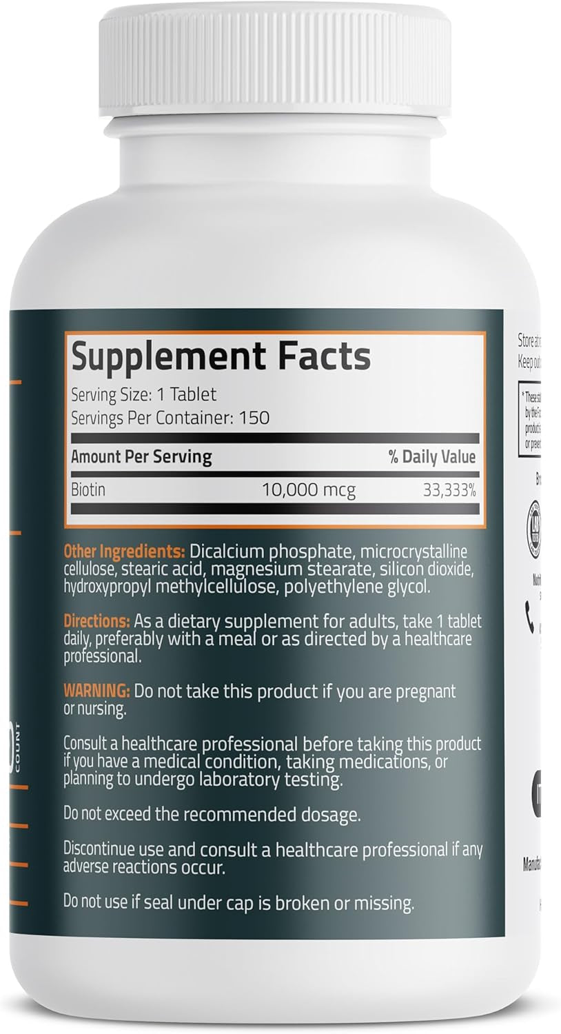 Biotin 10,000Mcg, Supports Healthy Hair, Skin and Nails, Vegetarian, Non-Gmo, 150 Tablets