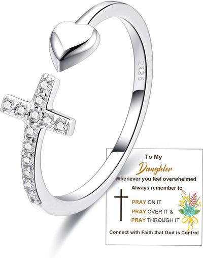 To My Daughter Rings S925 Sterling Silver Cross Ring for Women Cubic Zirconia Sterling Silver Adjustable Rings Christian Pray Silver Cross Rings for Women Thumb Ring with Inspirational Card