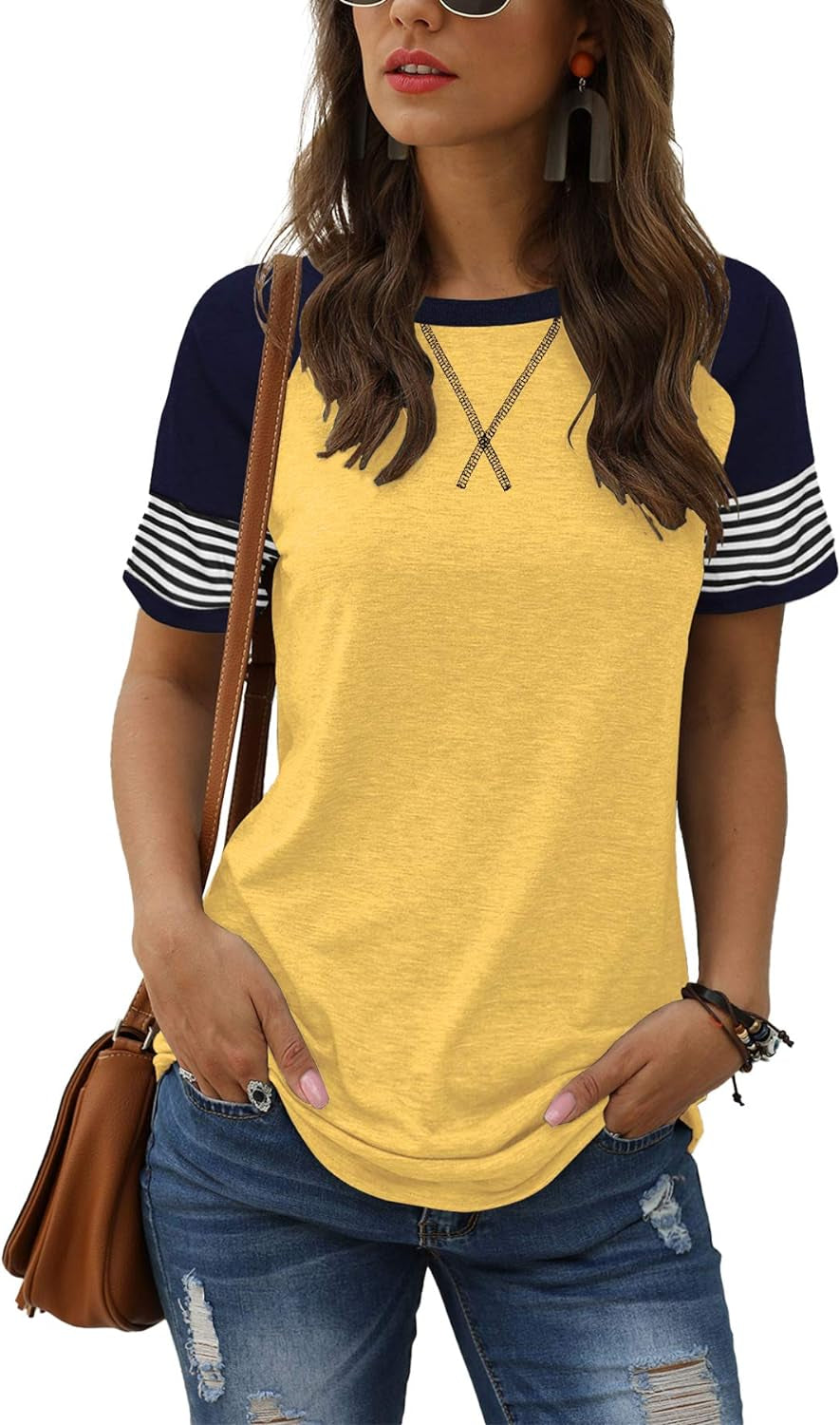 Women Summer Casual Shirts: Short Sleeve Striped Tunic Tops - Womens Crew Neck Tee Tshirt Blouses