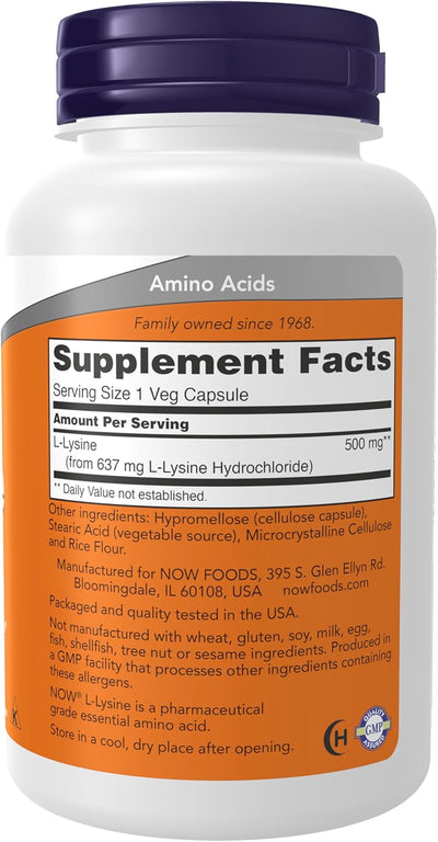 Supplements, L-Lysine (L-Lysine Monohydrochloride) 500 Mg, Amino Acid, 100 Veg Capsules