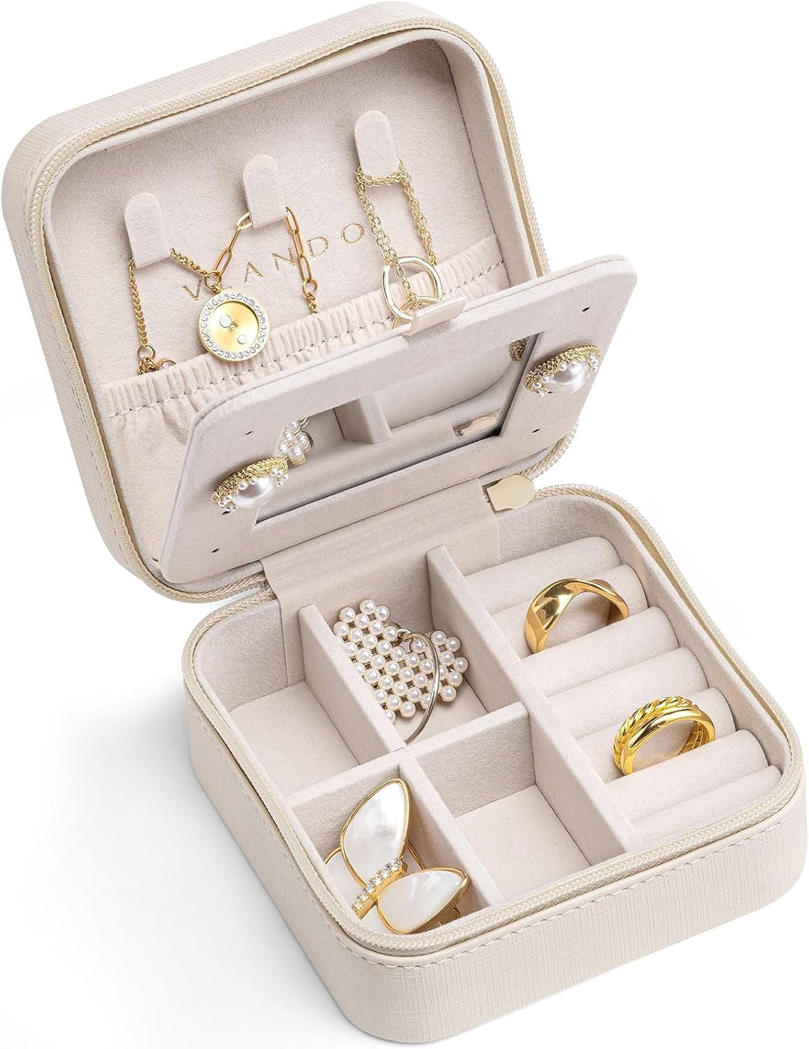 Small Travel Jewelry Box Organizer - Display Case for Girls Women Gift Rings Earrings Necklaces Storage with Mirror Milky White