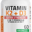 Vitamin K2 (MK7) with D3 Extra Strength Supplement Bone Health Non-Gmo Formula 10,000 IU & 120 Mcg MK-7 Easy to Swallow D K, 60 Capsules