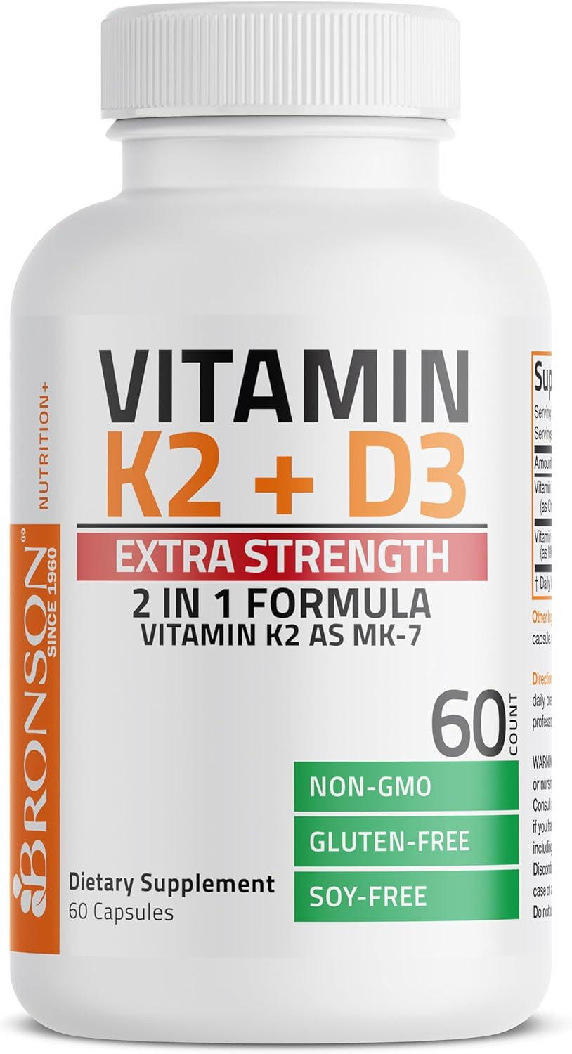 Vitamin K2 (MK7) with D3 Extra Strength Supplement Bone Health Non-Gmo Formula 10,000 IU & 120 Mcg MK-7 Easy to Swallow D K, 60 Capsules