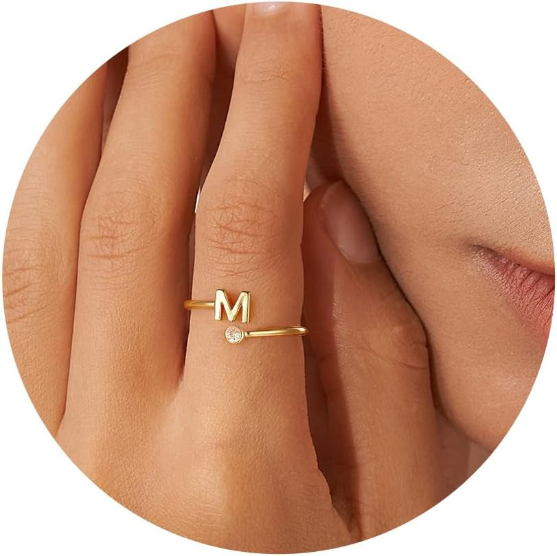 Gold Rings for Women Girls - Non Tarnish Dainty 14K Gold Plated Adjustable Letter Rings for Women Teen Girls, Stackable Cute Thumb Pinky Fashion Unique Open Simple Birthday Gifts Jewelry