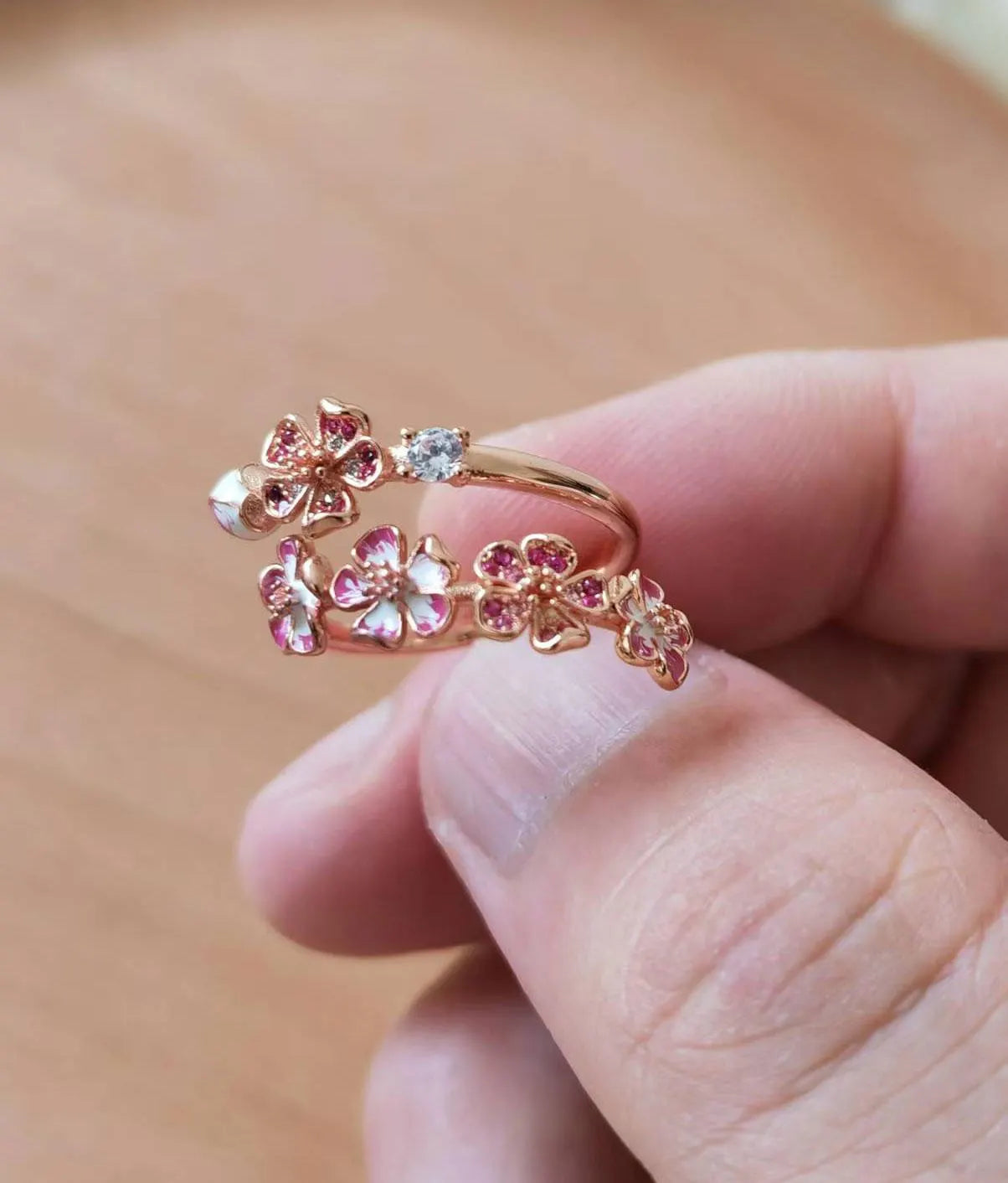 Peach Blossom Ring,14K Rose Gold Plated Ring,Delicate Pink Flowers Ring,Handmade Peach Flower Ring with Clear Cubic Zirconia Stone