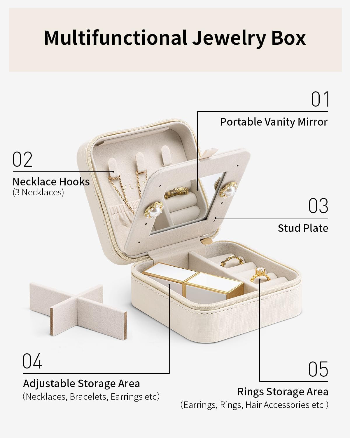 Small Travel Jewelry Box Organizer - Display Case for Girls Women Gift Rings Earrings Necklaces Storage with Mirror Milky White