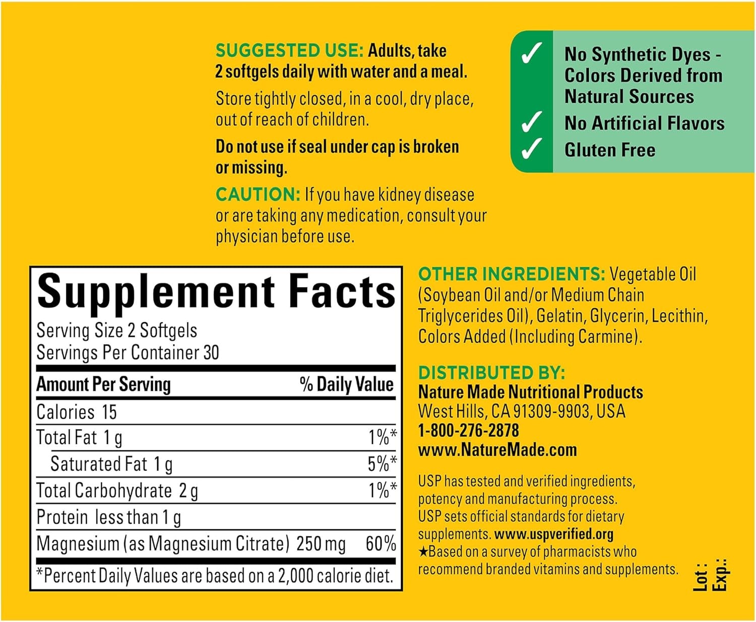 Magnesium Citrate 250 Mg per Serving, Magnesium Supplement for Muscle, Nerve, Bone and Heart Support, 60 Softgels, 30 Day Supply